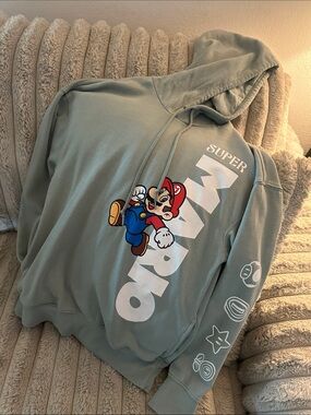 Super Mario Sage Green Zip-Up Hoodie Sweater